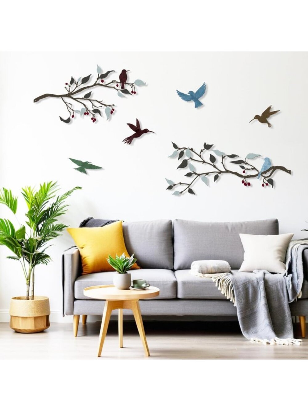 Colorful Metal Birds Wall Decor - Hummingbirds & Leaves Sculpture for Home